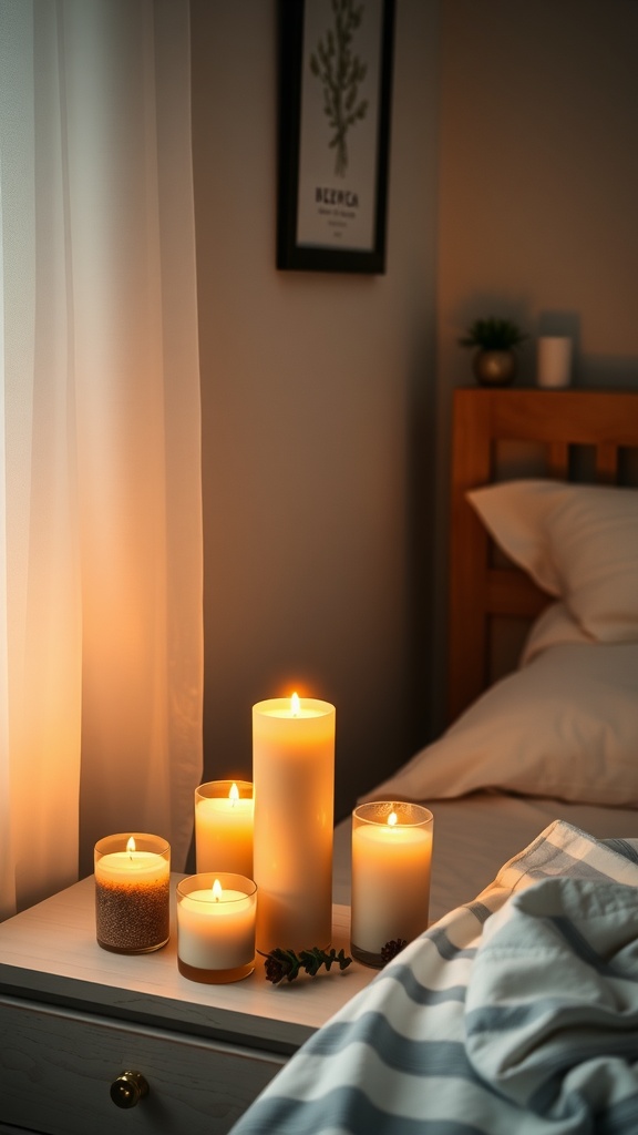 A cozy bedroom scene featuring various scented candles on a bedside table, creating a warm and inviting atmosphere.