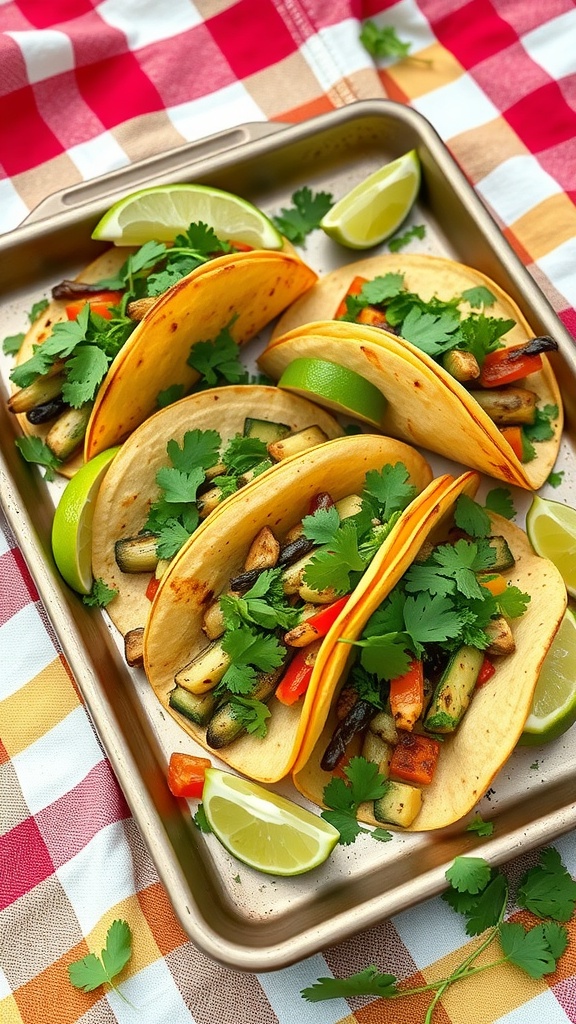 A tray of sheet pan tacos filled with roasted vegetables and garnished with cilantro and lime.
