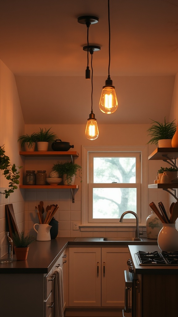 A cozy kitchen with warm pendant lighting and plants.