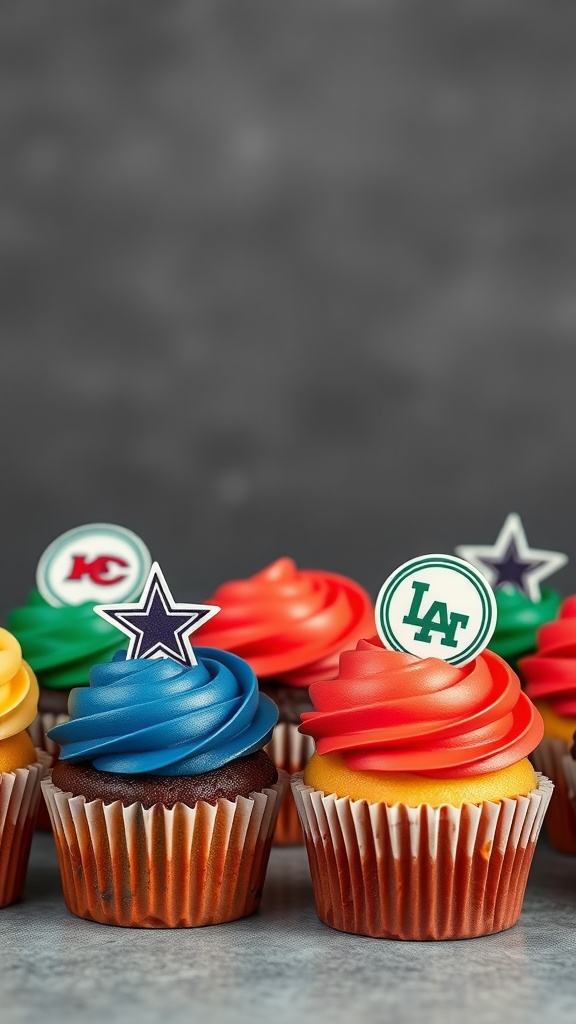 Colorful cupcakes decorated with team logos and vibrant frosting.