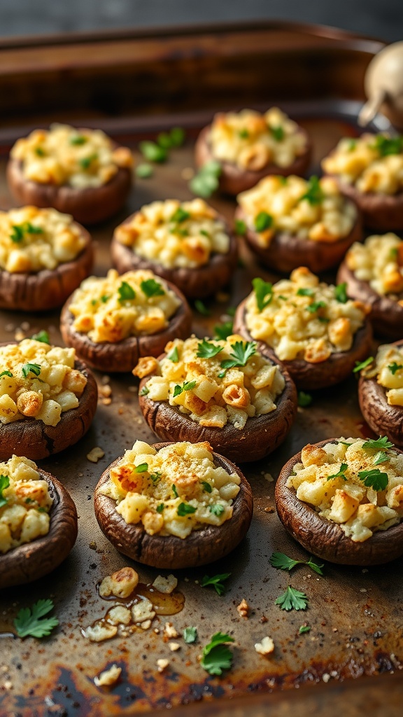 Stuffed mushrooms topped with breadcrumbs and herbs on a baking sheet.