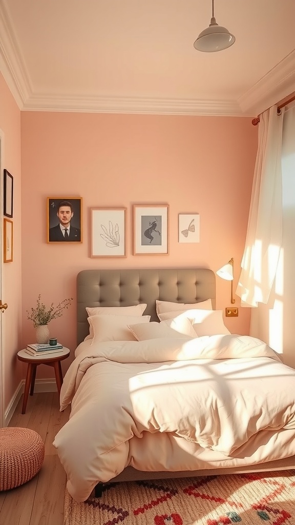 A small bedroom with soft blush walls, a cozy bed, and stylish decor.