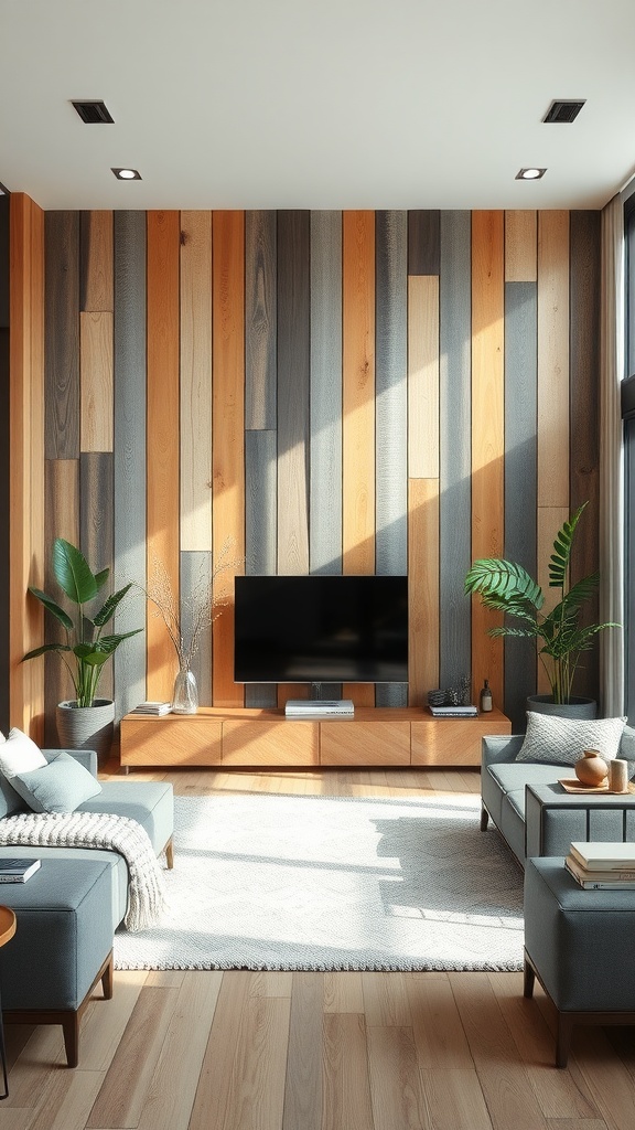 Living room featuring a wall made of reclaimed wood with modern furniture.