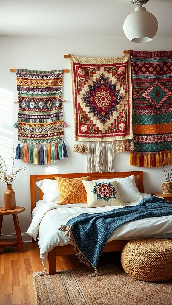 A cozy bedroom featuring colorful textile wall hangings above the bed, adding warmth and personality to the space.