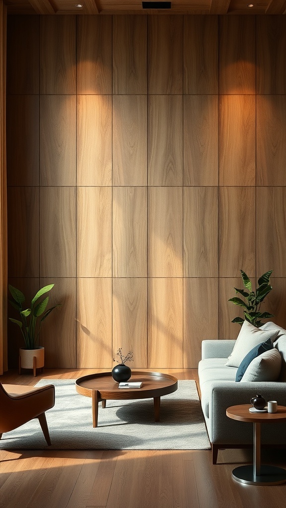 Living room featuring textured wood panels on the wall, with a cozy seating area and decorative plants.