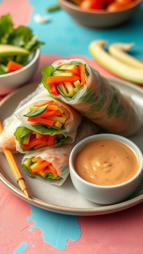 Thai spring rolls with fresh vegetables and peanut sauce