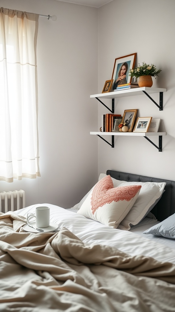 A cozy bedroom with a neatly made bed, decorative pillows, and shelves displaying photos and books.