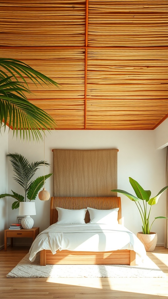 Tropical inspired bedroom with bamboo ceiling and greenery