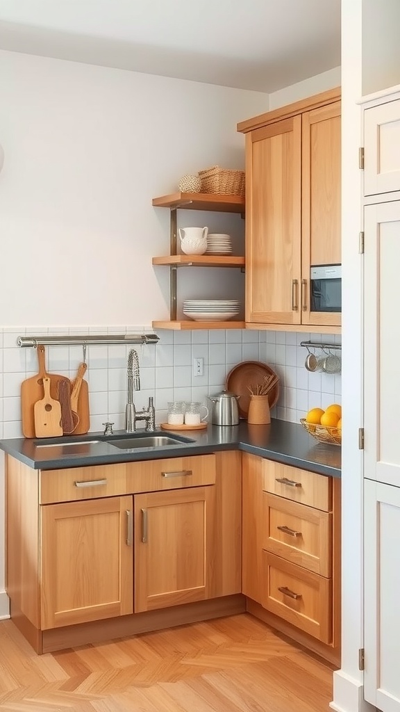 A cozy kitchen corner with wooden cabinets, a sink, and open shelves displaying dishes and decorative items.
