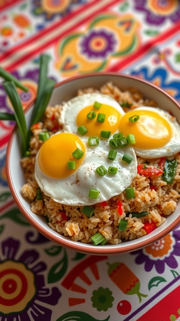 A bowl of vegetable fried rice topped with scrambled eggs and green onions
