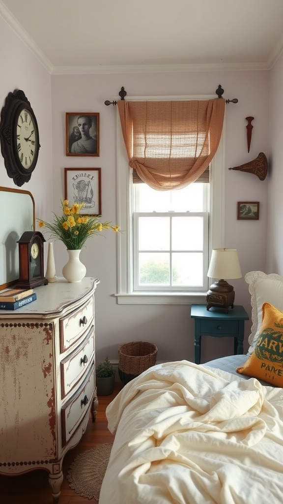 A cozy bedroom with vintage decor, featuring an antique dresser, framed pictures, and a classic clock.