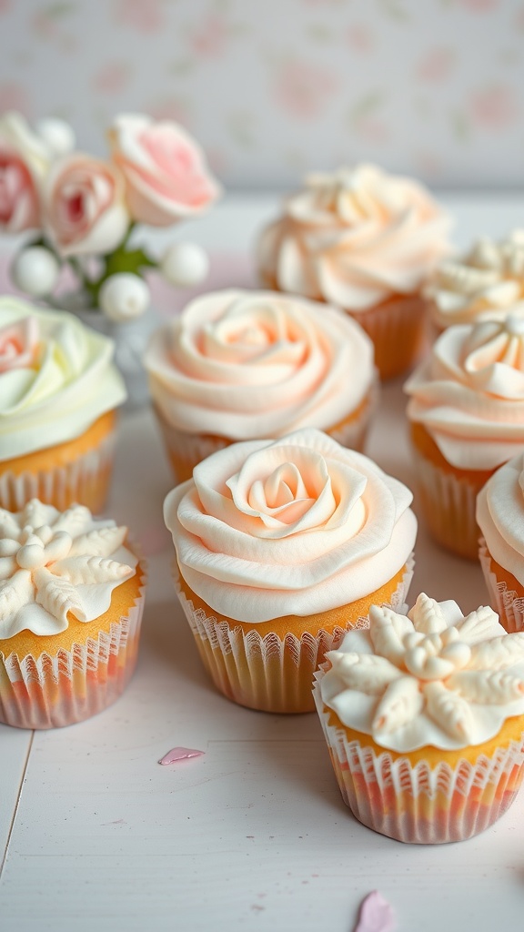 Vintage Tea Party Cupcakes decorated with rose and floral designs