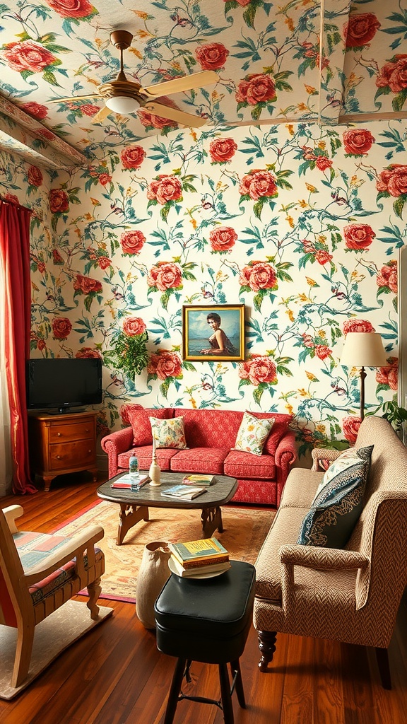 A cozy living room featuring vintage floral wallpaper, a red sofa, and wooden furniture.
