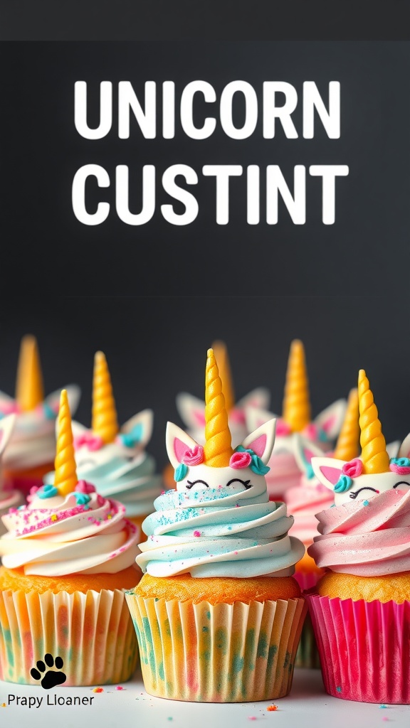 Colorful unicorn-themed cupcakes with frosting and decorations.