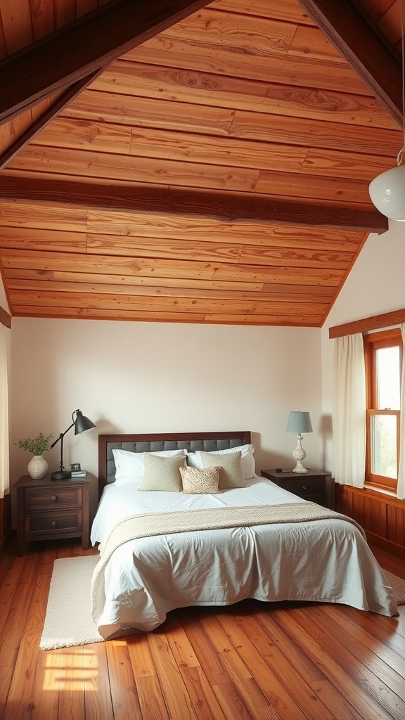 Cozy bedroom with wooden beams and a warm color palette
