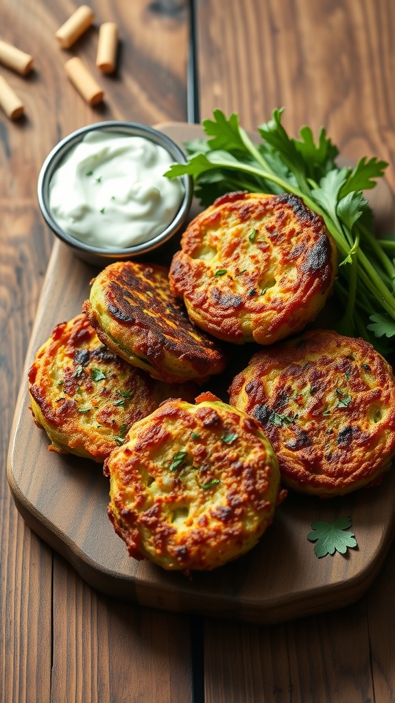 Zucchini fritters served with tzatziki sauce on a wooden board