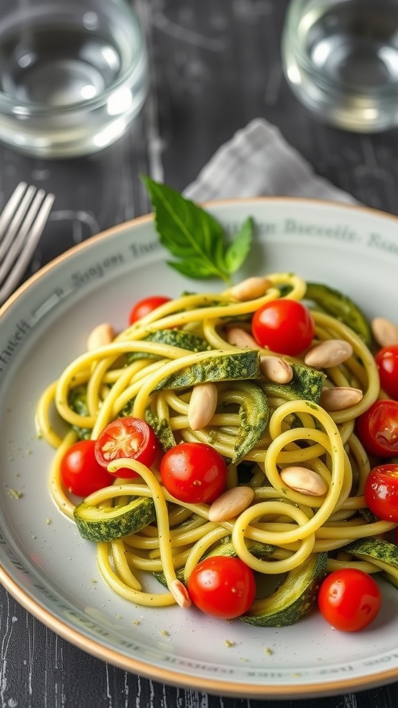 A plate of zucchini noodles with pesto and cherry tomatoes topped with pine nuts.
