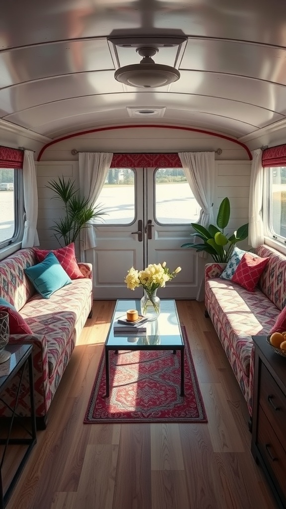 Living room in a trailer house with bold geometric patterns on the sofas and vibrant decor.