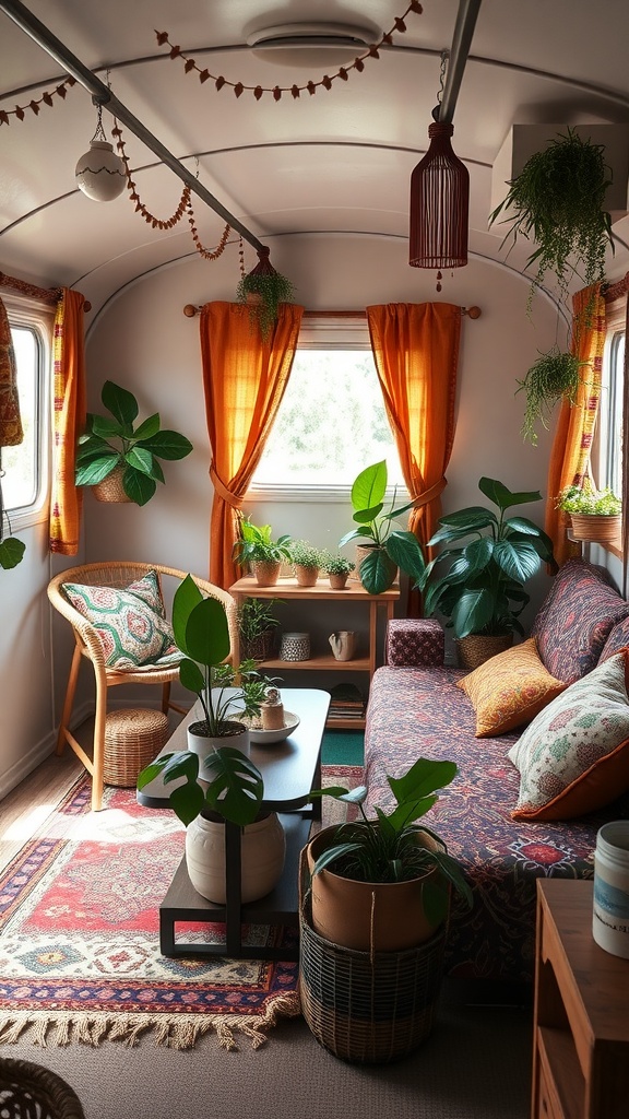 A bright bohemian style living room in a trailer with plants, colorful pillows, and warm lighting.