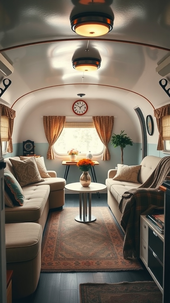 A cozy trailer living room with vintage decor, featuring two sofas, a coffee table, a rug, and warm lighting.