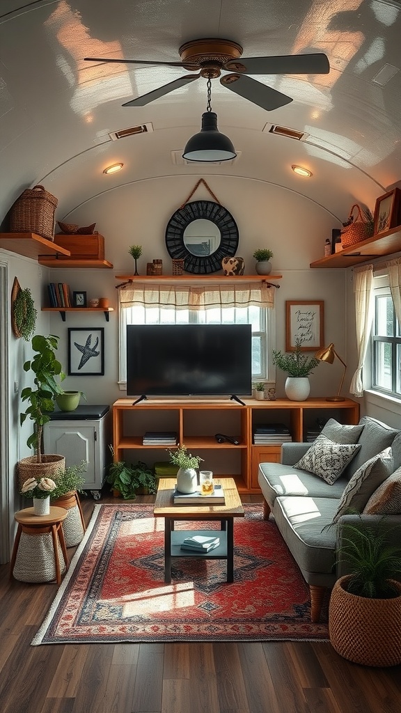 A cozy living room in a trailer house featuring vertical shelving, plants, and a comfortable sofa.