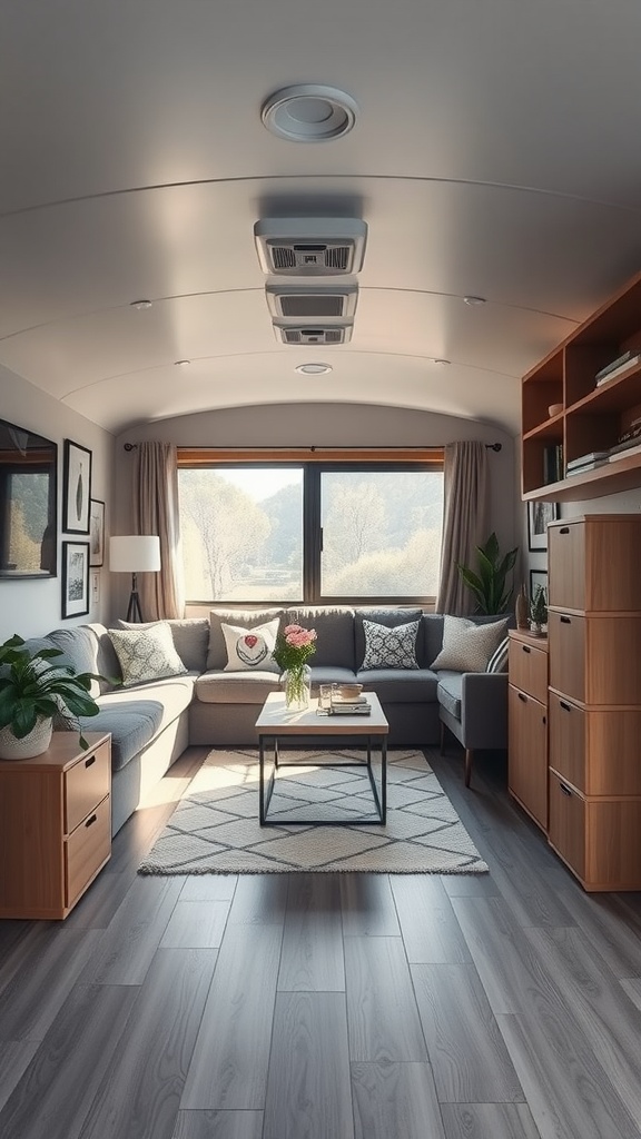 A cozy living room in a trailer featuring customizable modular furniture, including a sectional sofa, a coffee table, and wooden storage units.