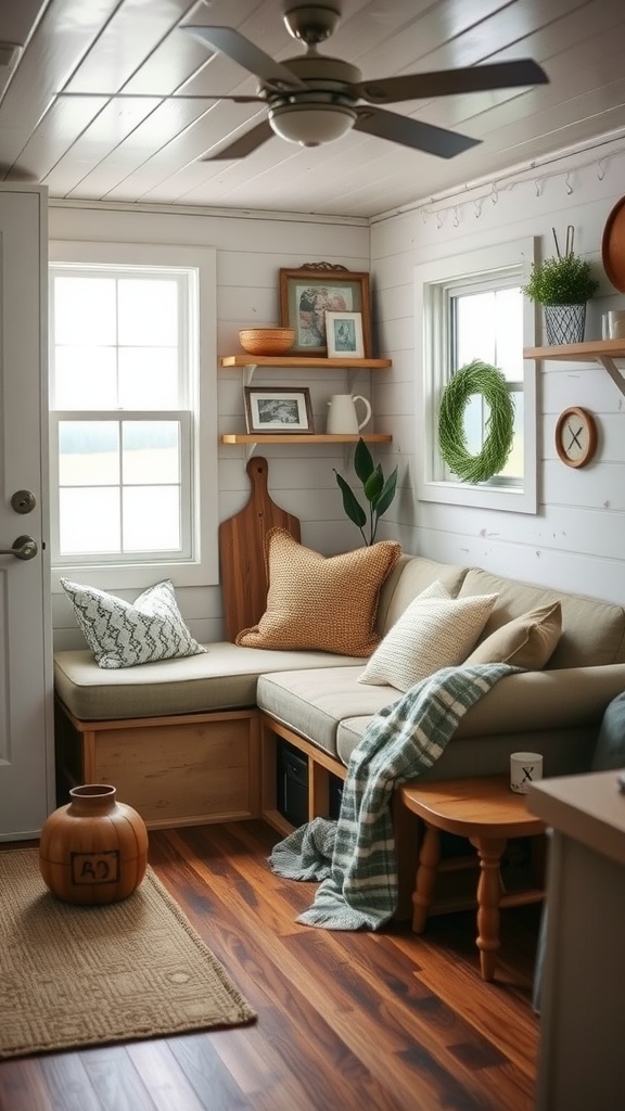 Cozy trailer house living room with a L-shaped couch, decorative pillows, wooden shelves, and natural light.