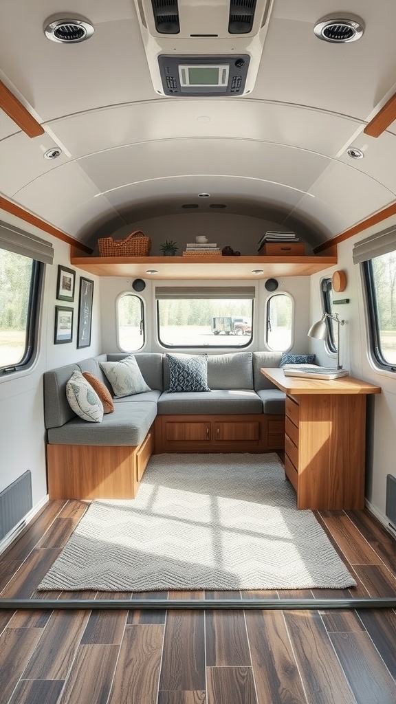 A functional and cozy living room in a trailer house, featuring corner seating, a workspace, and natural light.