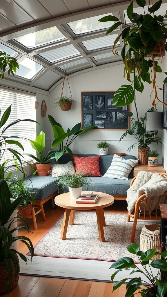 A cozy living room in a trailer house, filled with various indoor plants, a comfortable sofa, and a wooden coffee table.