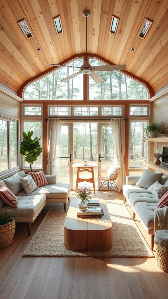 A cozy living room with wooden ceiling, large windows, light-colored furniture, and plants, creating a warm outdoor-inspired atmosphere.