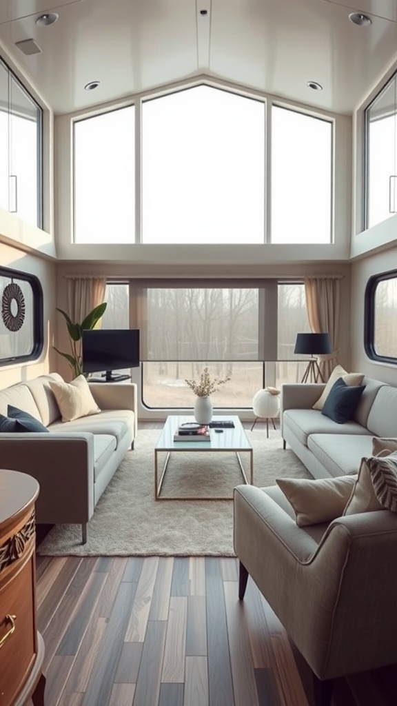 A modern trailer house living room with large windows, neutral-colored sofas, and wooden flooring.