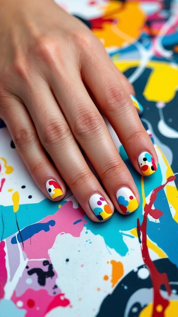 Abstract art inspired summer nail design featuring bold colors and unique patterns