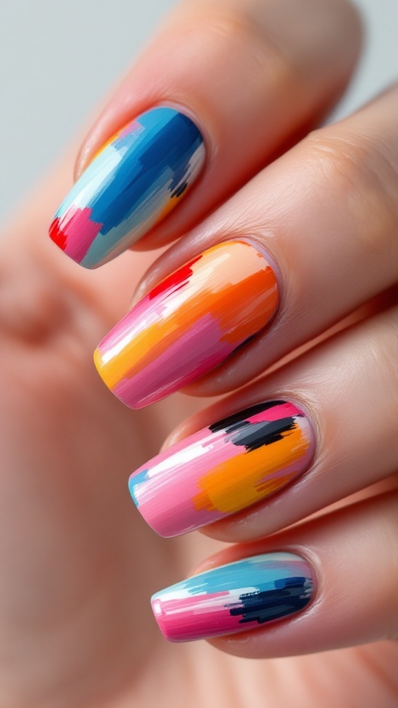 Abstract brush stroke designs in blue and pink on a white background