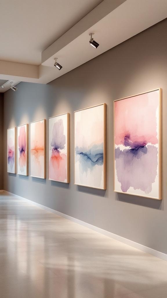 A series of abstract watercolor paintings in soft colors displayed on a wall.