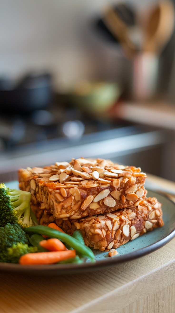 Almond-crusted tempeh served with vegetables