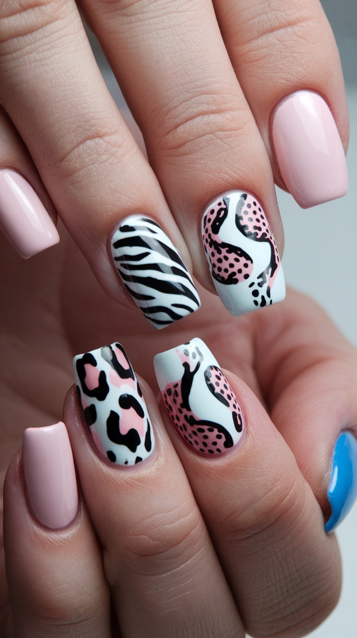 Leopard print nail design in cream, black, and orange colors