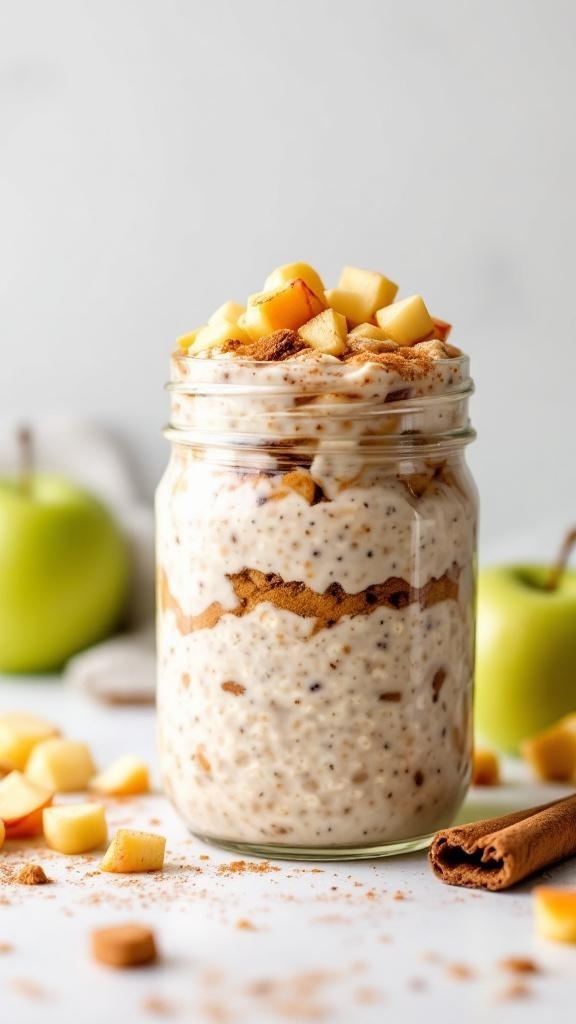 A jar of apple pie overnight oats topped with diced apples and cinnamon.