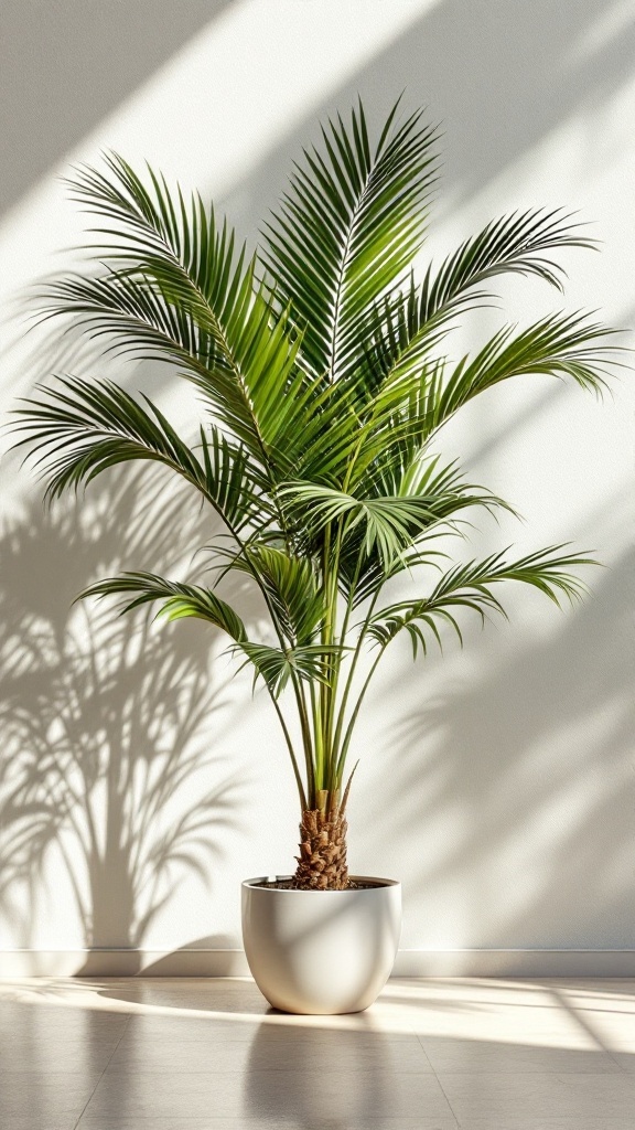A beautiful Areca Palm in a modern white pot, casting shadows on a wall, showcasing its lush green leaves.