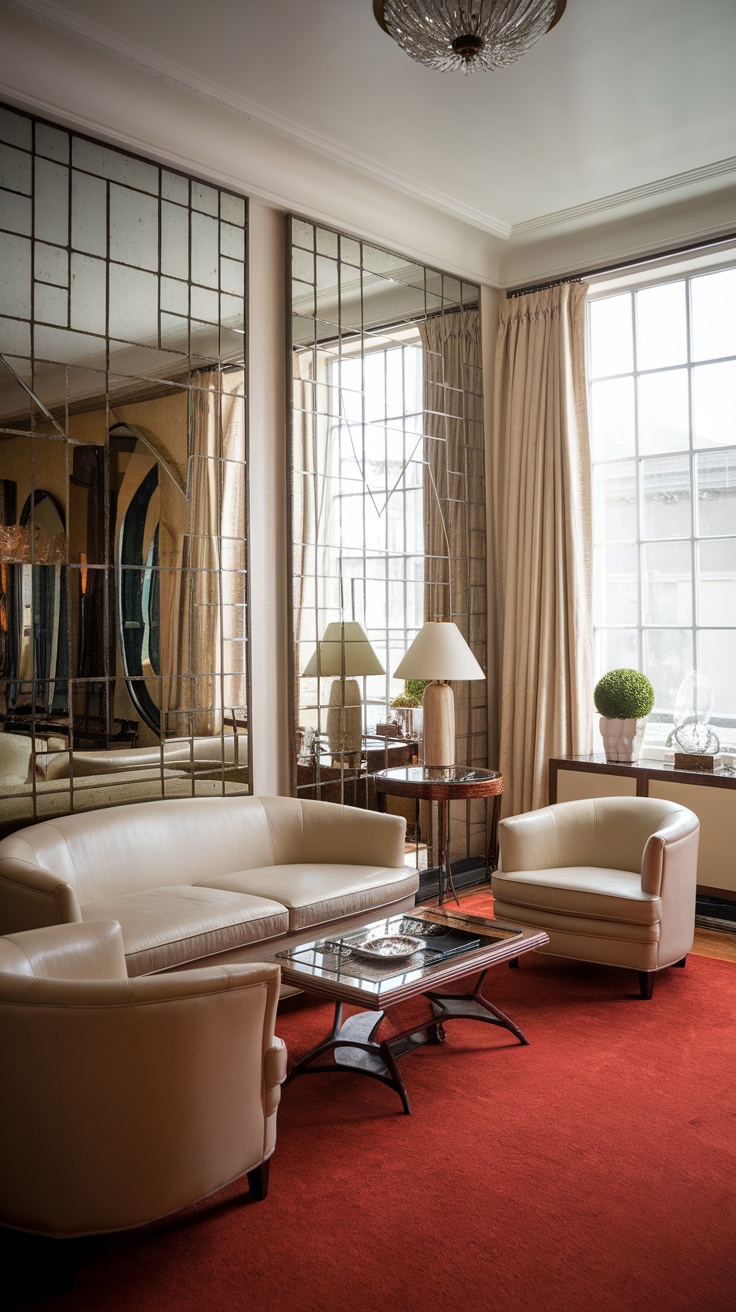 A stylish living room featuring beige leather furniture, a red carpet, and mirrored walls reflecting light