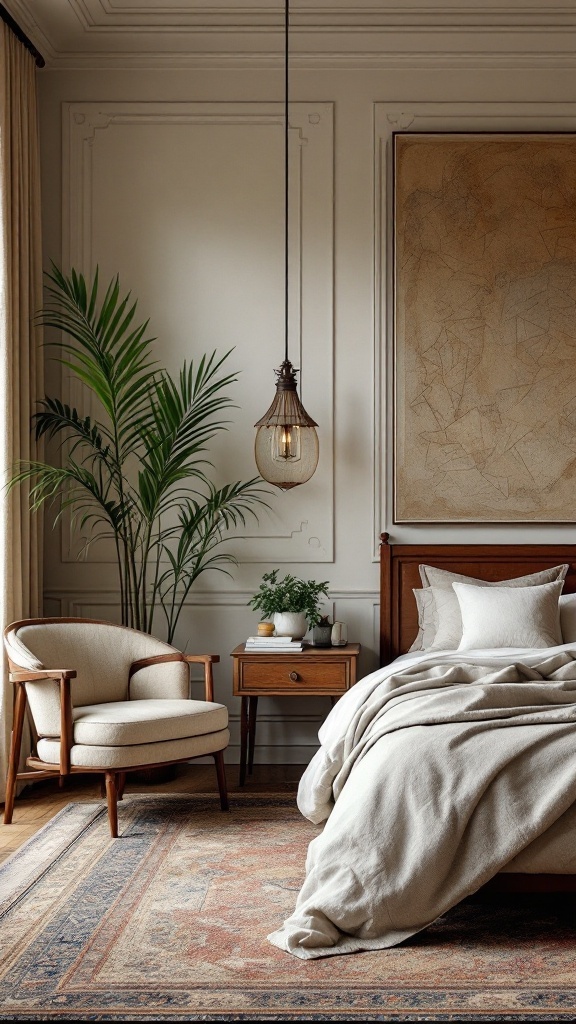 A beautifully designed luxury bedroom featuring artisan furniture, including a wooden bed frame, nightstand, and a cozy chair.