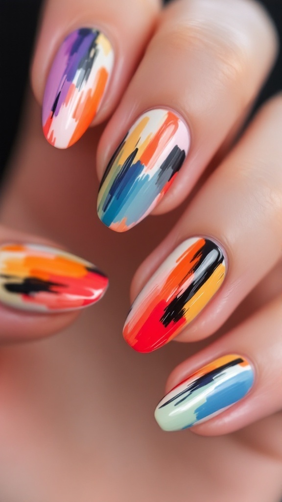 Nails featuring colorful artistic brush stroke designs.