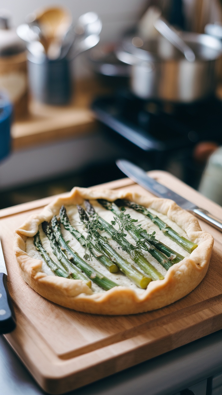 Asparagus and Goat Cheese Tart on a wooden cutting board