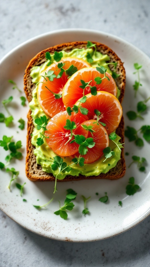 Avocado and grapefruit toast on a plate with fresh herbs.