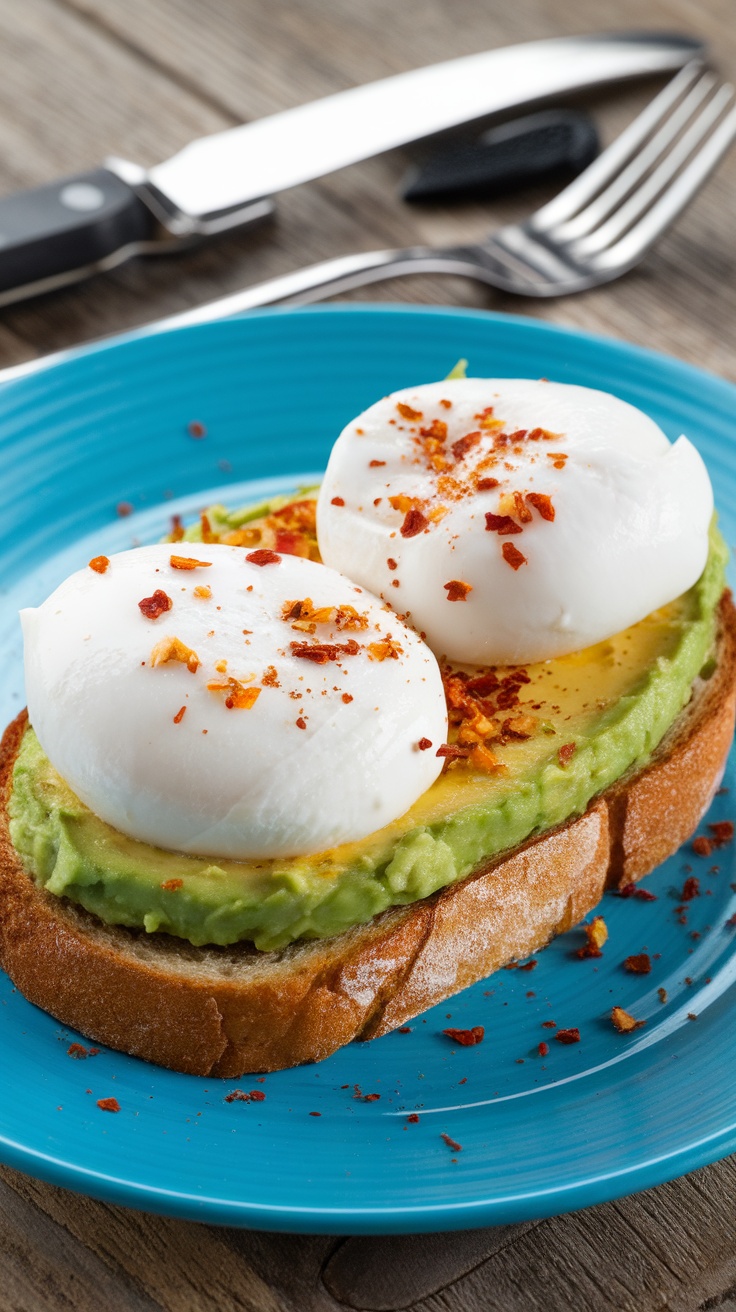 Avocado toast topped with poached eggs and red pepper flakes on a blue plate