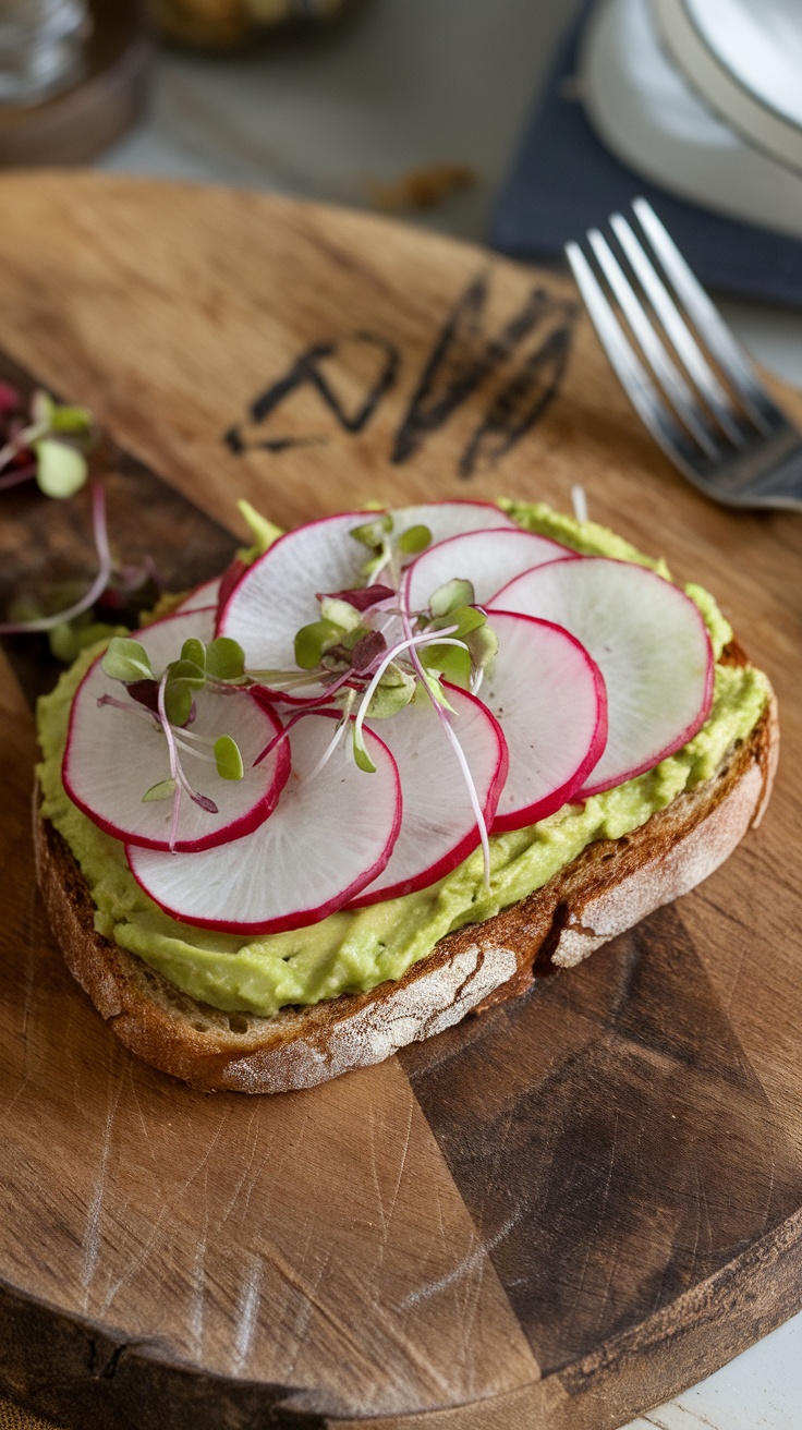 Avocado toast topped with radish slices and microgreens