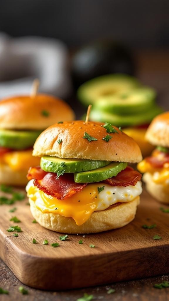 Bacon and egg breakfast sliders with avocado on a wooden board