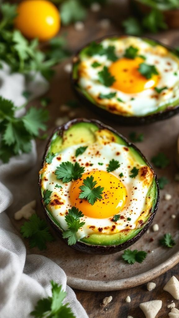 Baked avocado eggs topped with cilantro on a plate