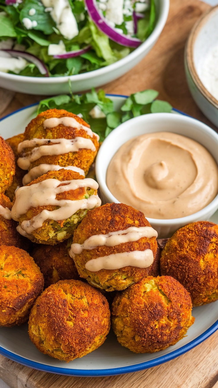 Baked falafel balls drizzled with tahini sauce served with a side of salad.