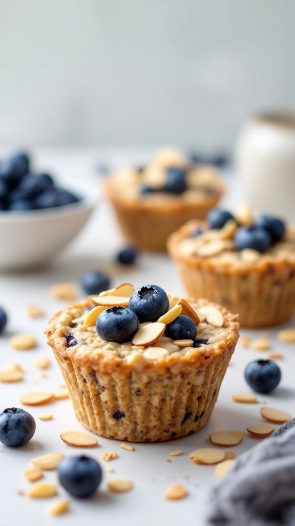 Baked oatmeal cups topped with blueberries and almonds