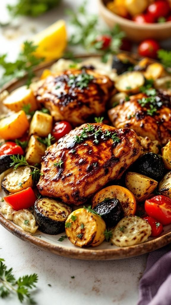 Balsamic glazed chicken thighs served with roasted vegetables on a plate.